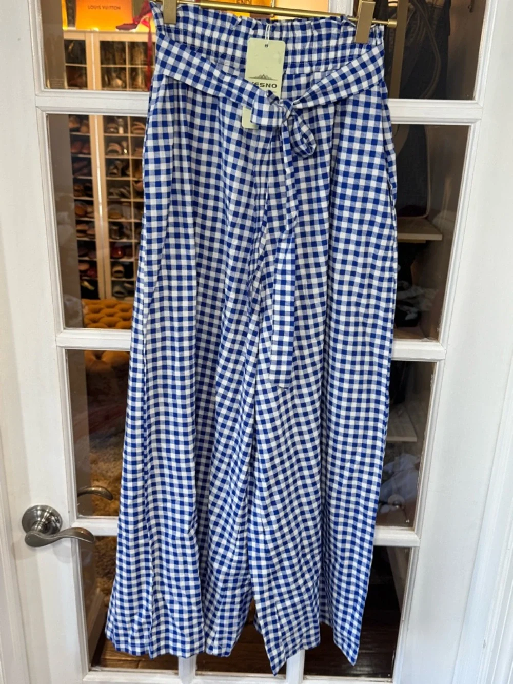 💙🤍💙 Blue and White Gingham Wide Leg Tie-Waist Culotte Capri Flowy Gaucho - Picture 3 of 7